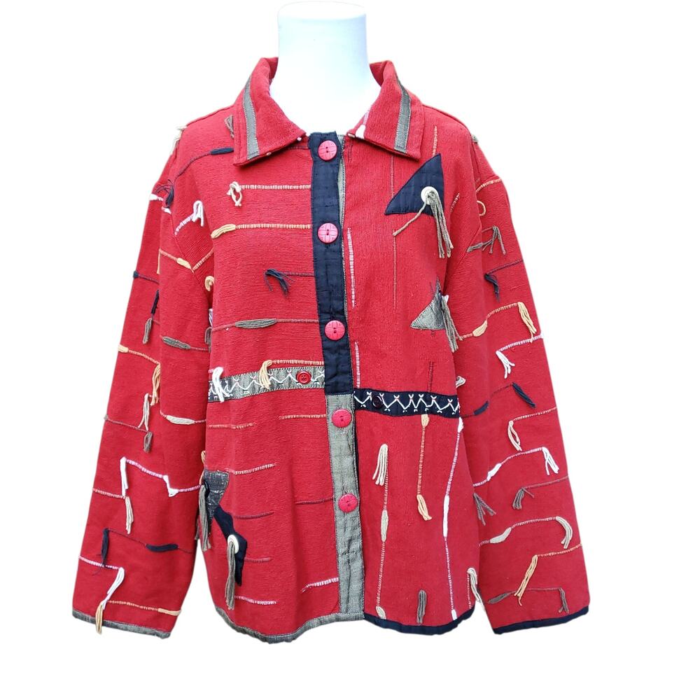 Orvis Red Southwest Boho Artsy Tassel Jacket Buttons Collar Tribal Geometric XL
